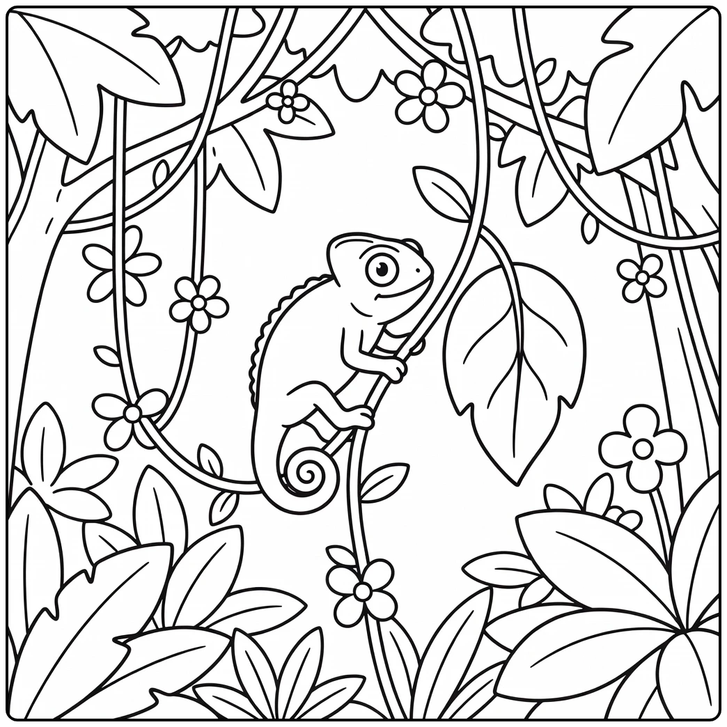 Baby jungle animal coloring page: chameleon on vine