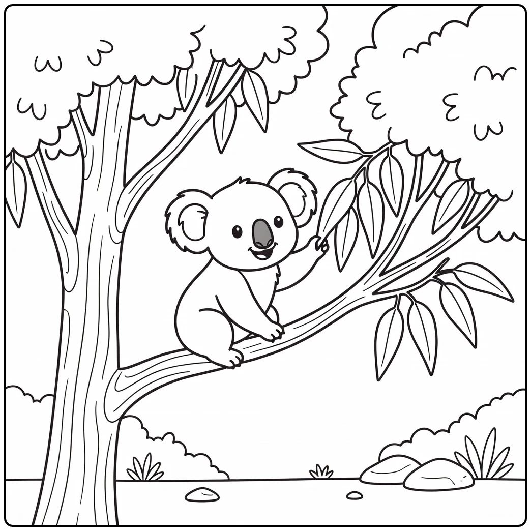 Baby koala joey reaching for leaves in baby animal coloring pages