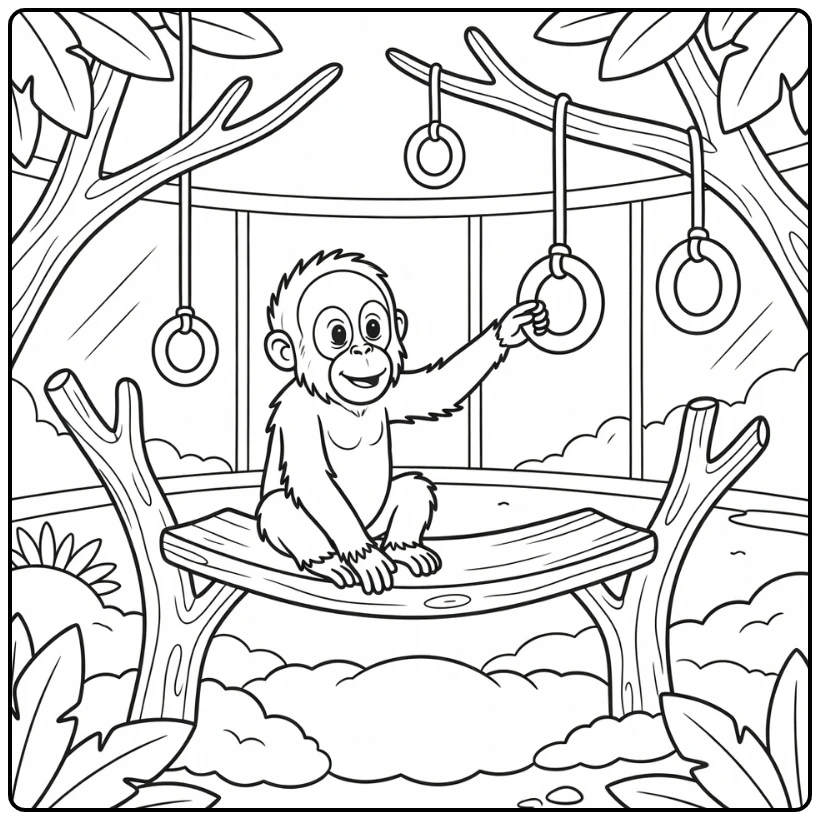 Baby orangutan reaching for ring in baby zoo coloring page