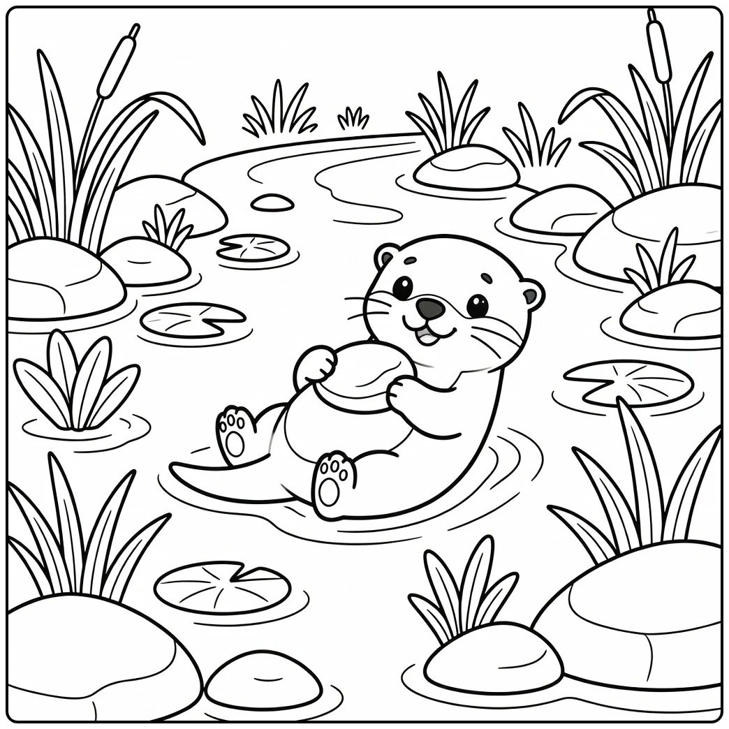 Otter pup floating with pebble on tummy baby animal coloring pages