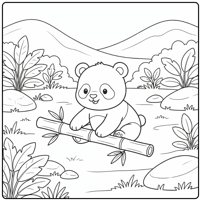 Baby panda with bamboo in cartoon animal coloring page