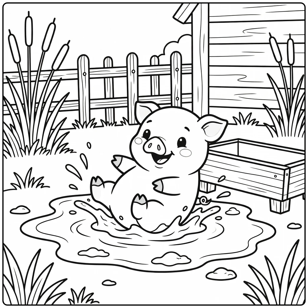 Happy piglet rolling in mud puddle baby animal coloring pages