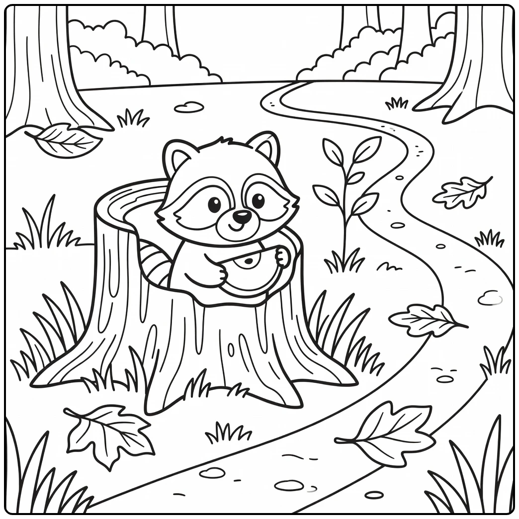 Baby raccoon kit with apple baby animal coloring pages
