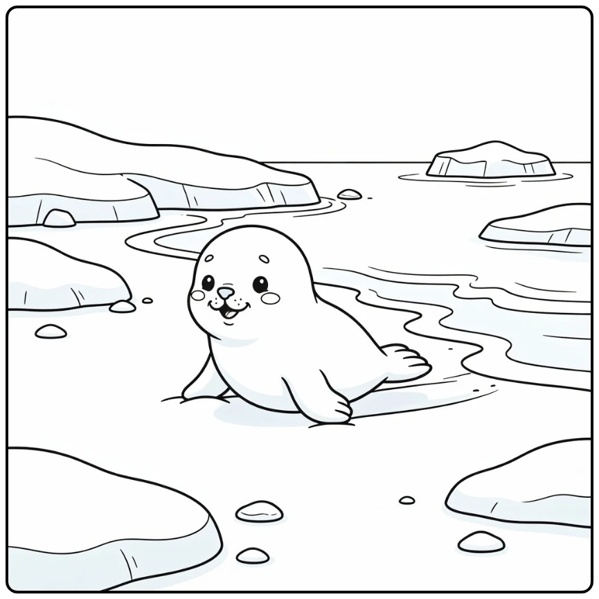 Baby seal pup wriggling on snow to water - baby animal coloring pages