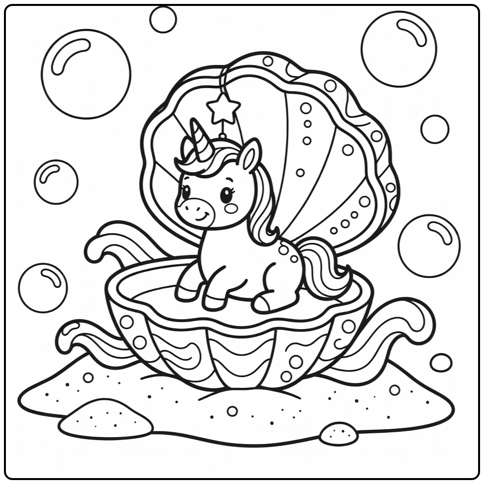 Cute baby unicorn coloring page in seashell music box fantasy