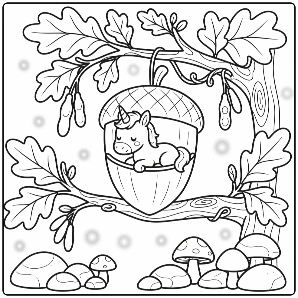 Cute baby unicorn coloring page: foal in acorn lantern (58 chars)