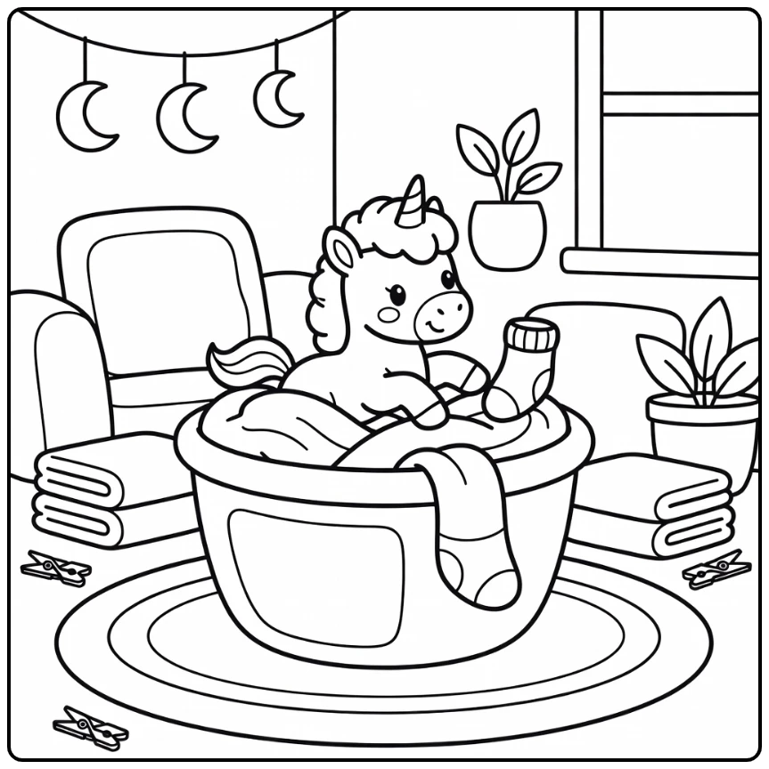 Cute baby unicorn coloring page: foal tumbling from basket