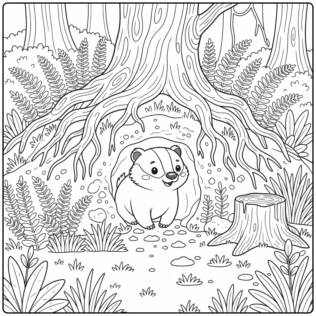 Badger emerging from den in forest animals coloring page