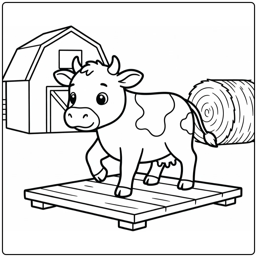 Focused cow lifting hoof on raised platform cow coloring pages