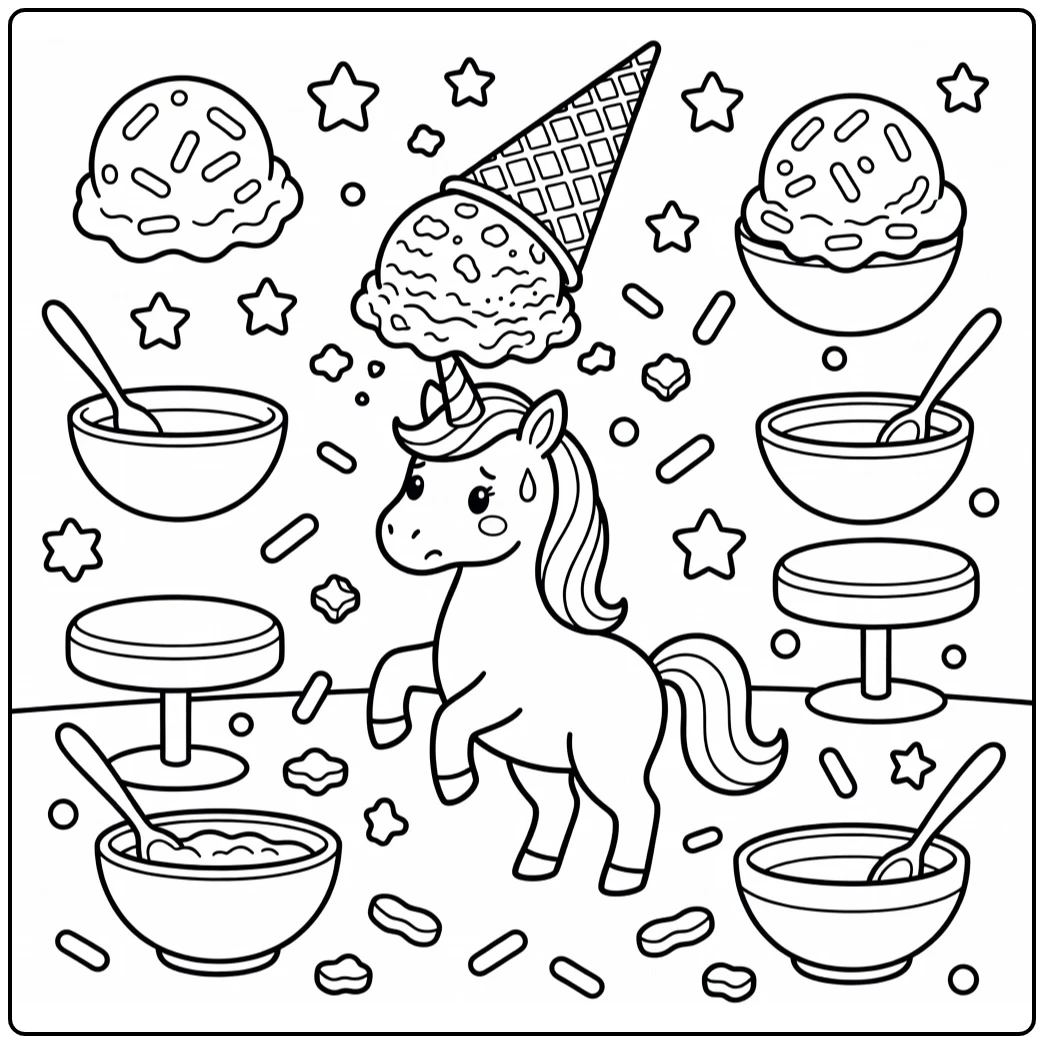 unicorn ice cream coloring page - unicorn balancing scoop
