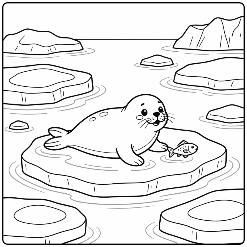 Bearded seal stretching to fish arctic animal coloring page