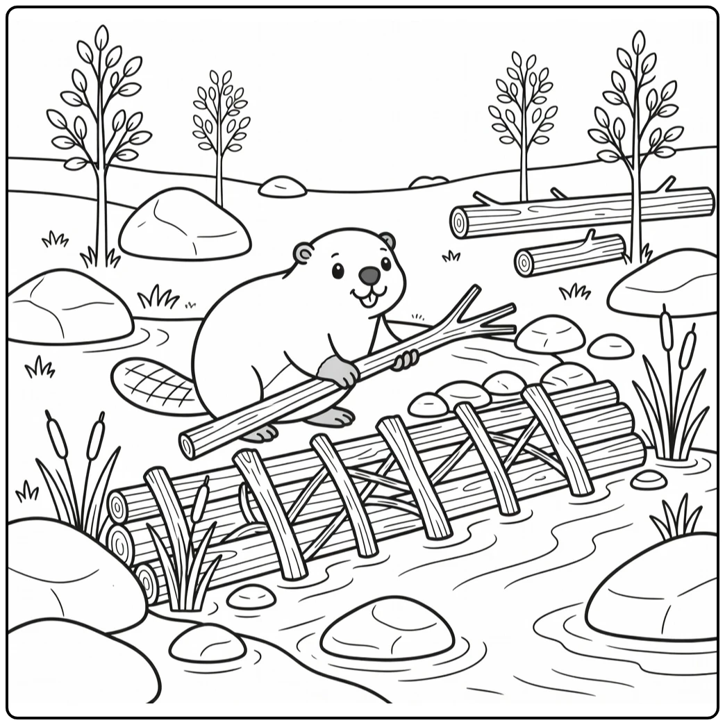 Beaver dragging branch to dam forest animals coloring page