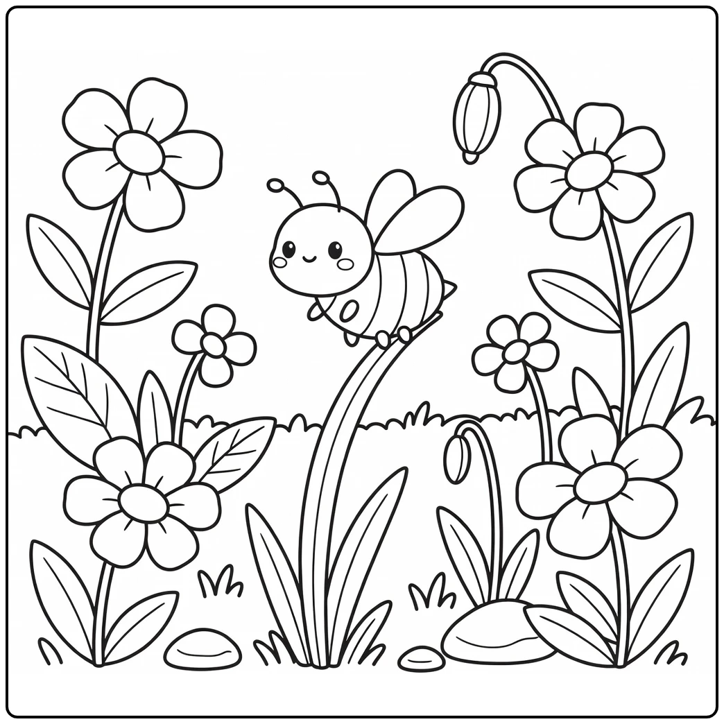 cute bee coloring page on grass blade amid meadow flowers