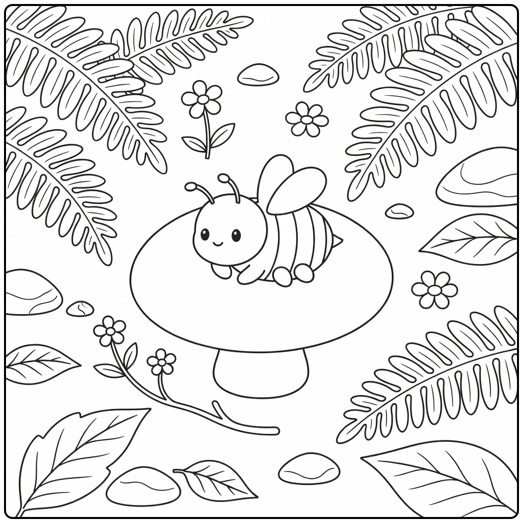 Cute bee coloring page resting on mushroom
