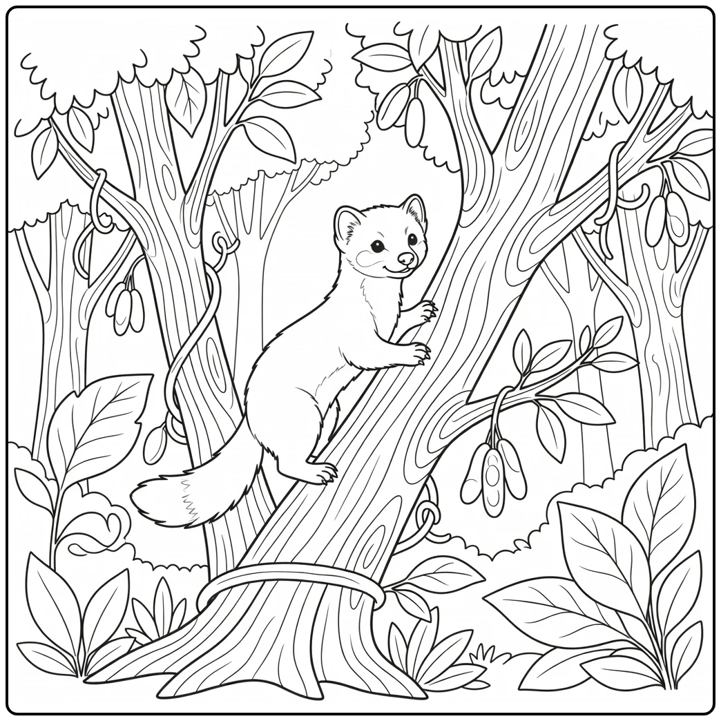Beech Marten Climbing Tree Woodland Animal Coloring Page