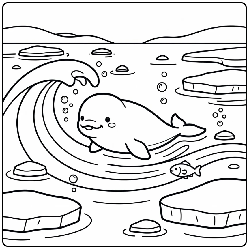 Beluga whale with fish in arctic waves: arctic animal coloring page