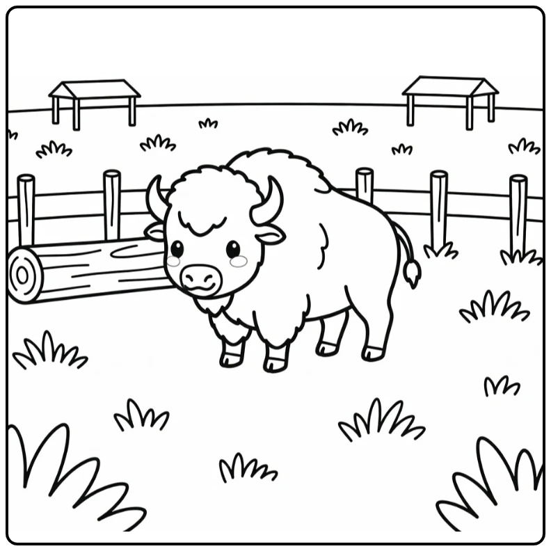 Bison in grassy zoo enclosure with log, fence zoo coloring page