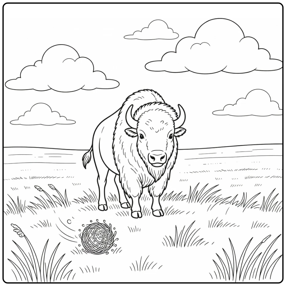 Bison on prairie knoll under thunderclouds, bison coloring pages