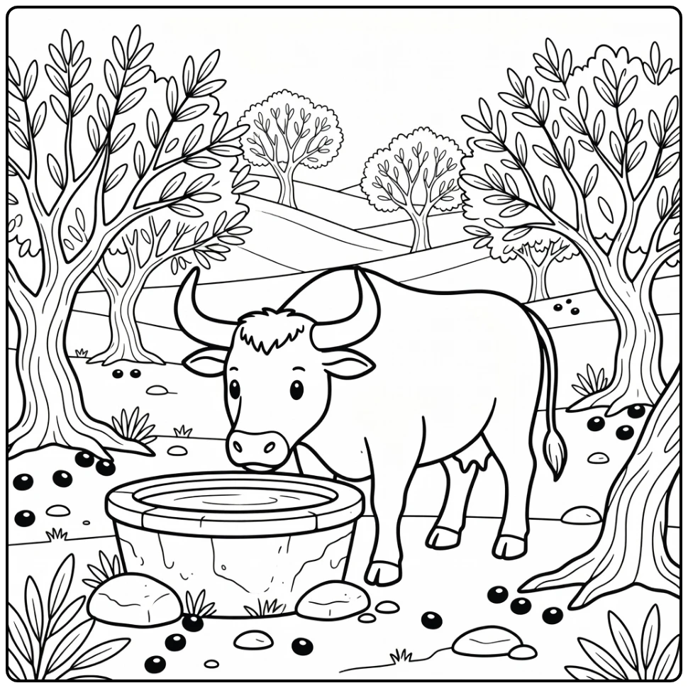 Bull drinking from stone trough in olive grove bull coloring pages