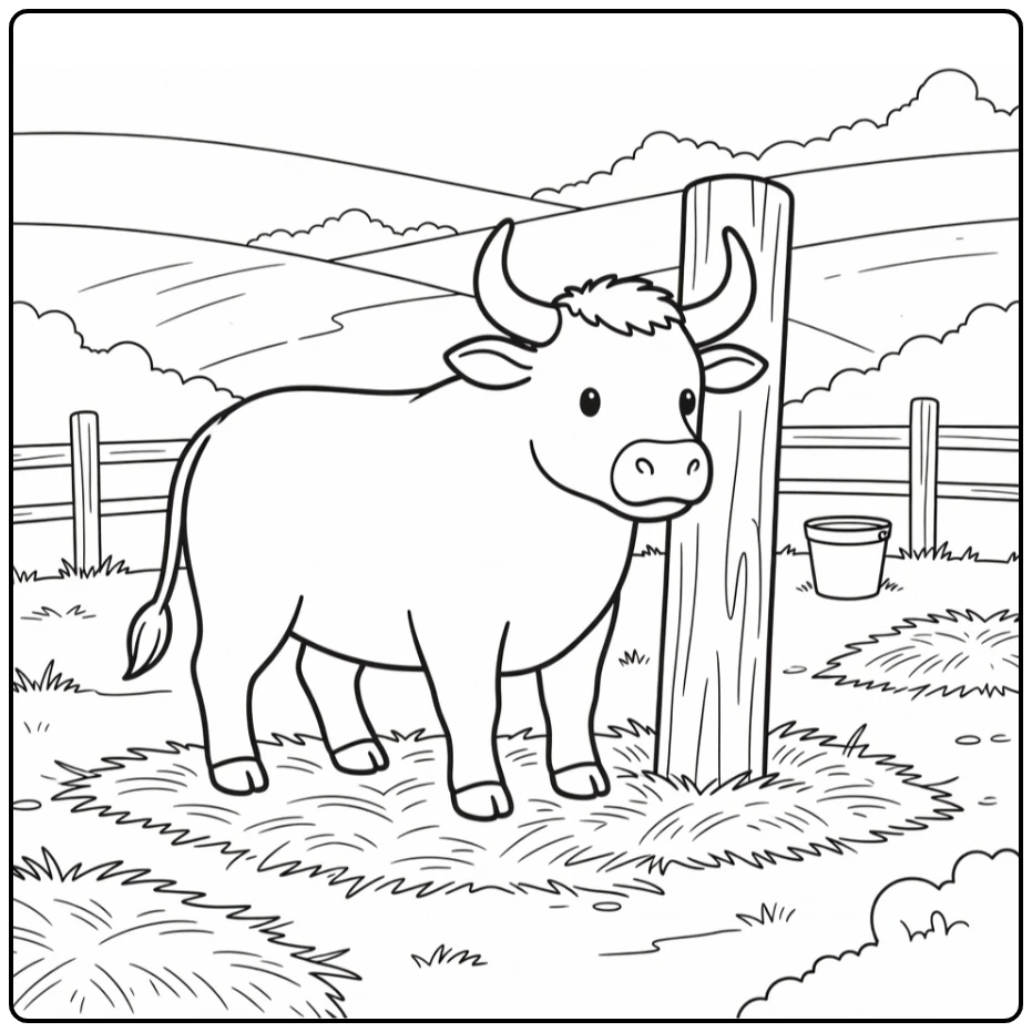 Bull rubbing neck on farm post bull coloring pages