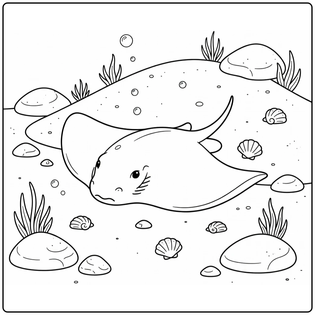 Hidden stingray sea animal coloring page with fins and eyes peeking