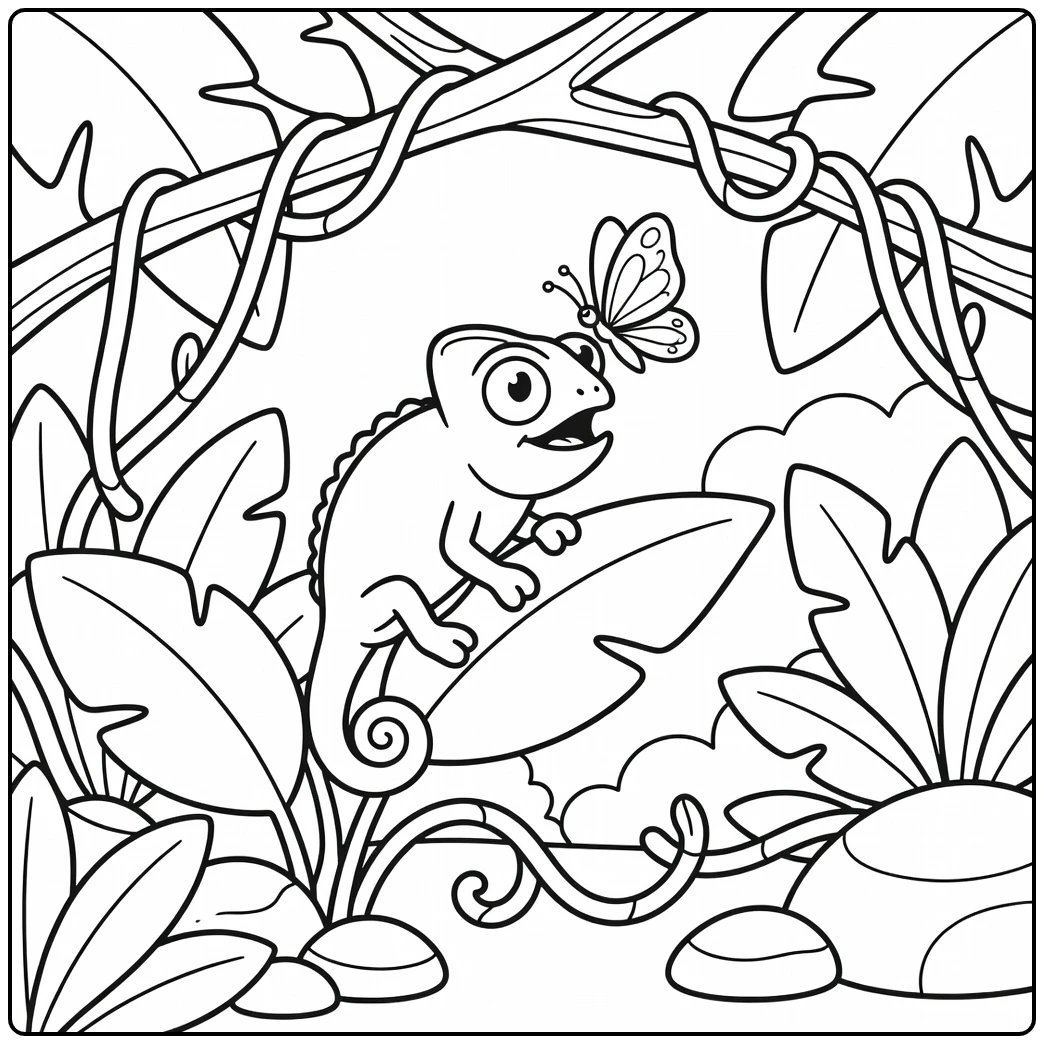 cute cartoon animal coloring page surprised chameleon butterfly