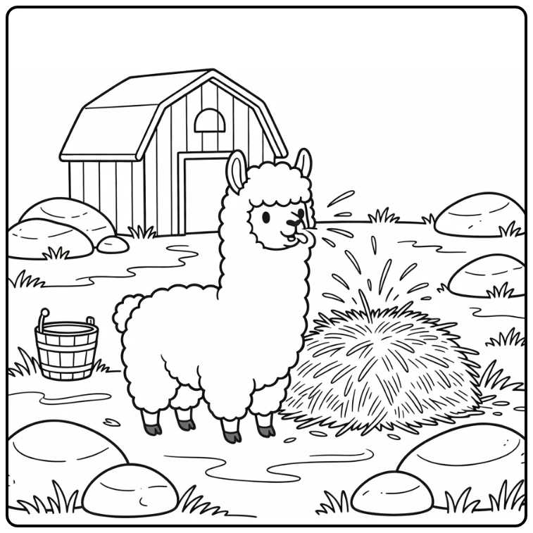 Cute cartoon animal coloring page with fluffy alpaca sneezing