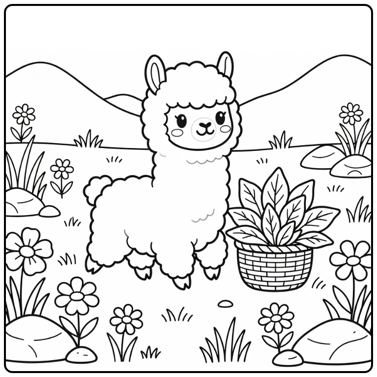 Cute chibi animal coloring page: alpaca trotting by leaf basket