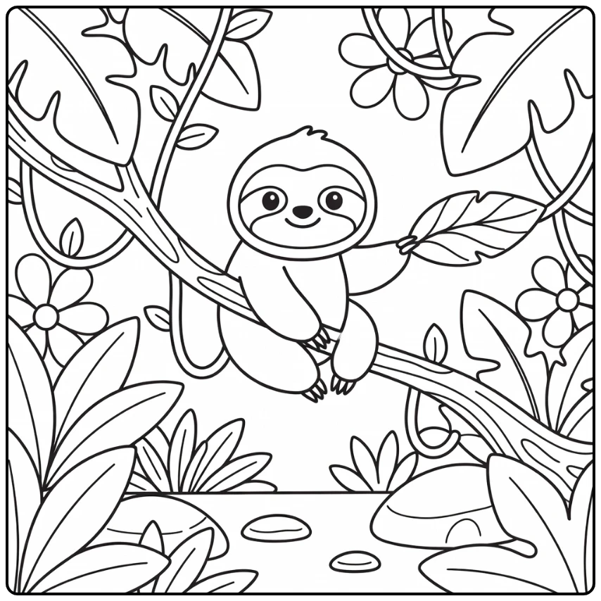 Cute chibi animal coloring page: sloth on branch