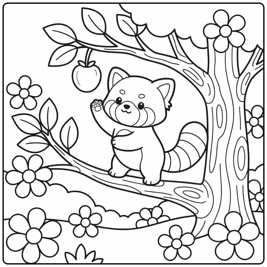 Cute chibi animal coloring page: red panda climbing for fruit