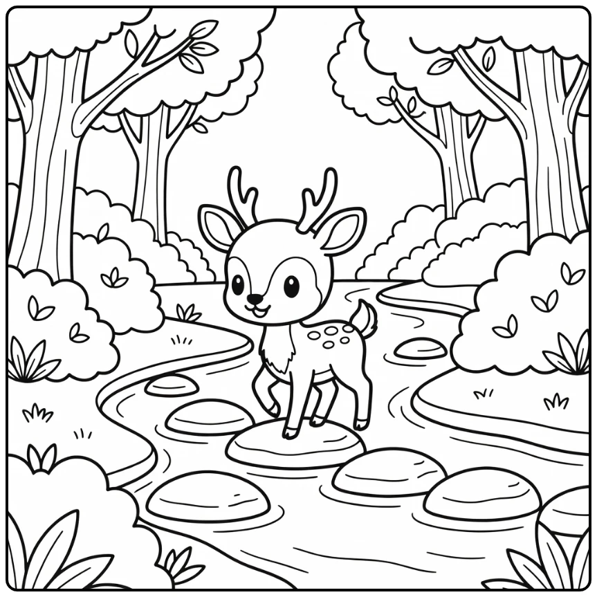 Chibi deer fawn crossing stream chibi animal coloring page
