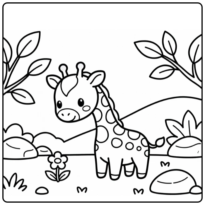 Chibi giraffe calf sniffing flower chibi animal coloring page