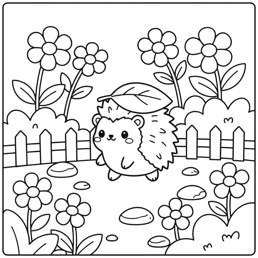 Chibi hedgehog with leaf on back in garden chibi animal coloring page