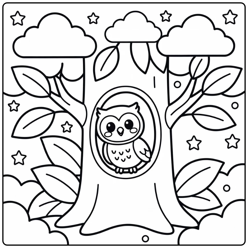 Chibi owl tilting head in tree hollow night chibi animal coloring page
