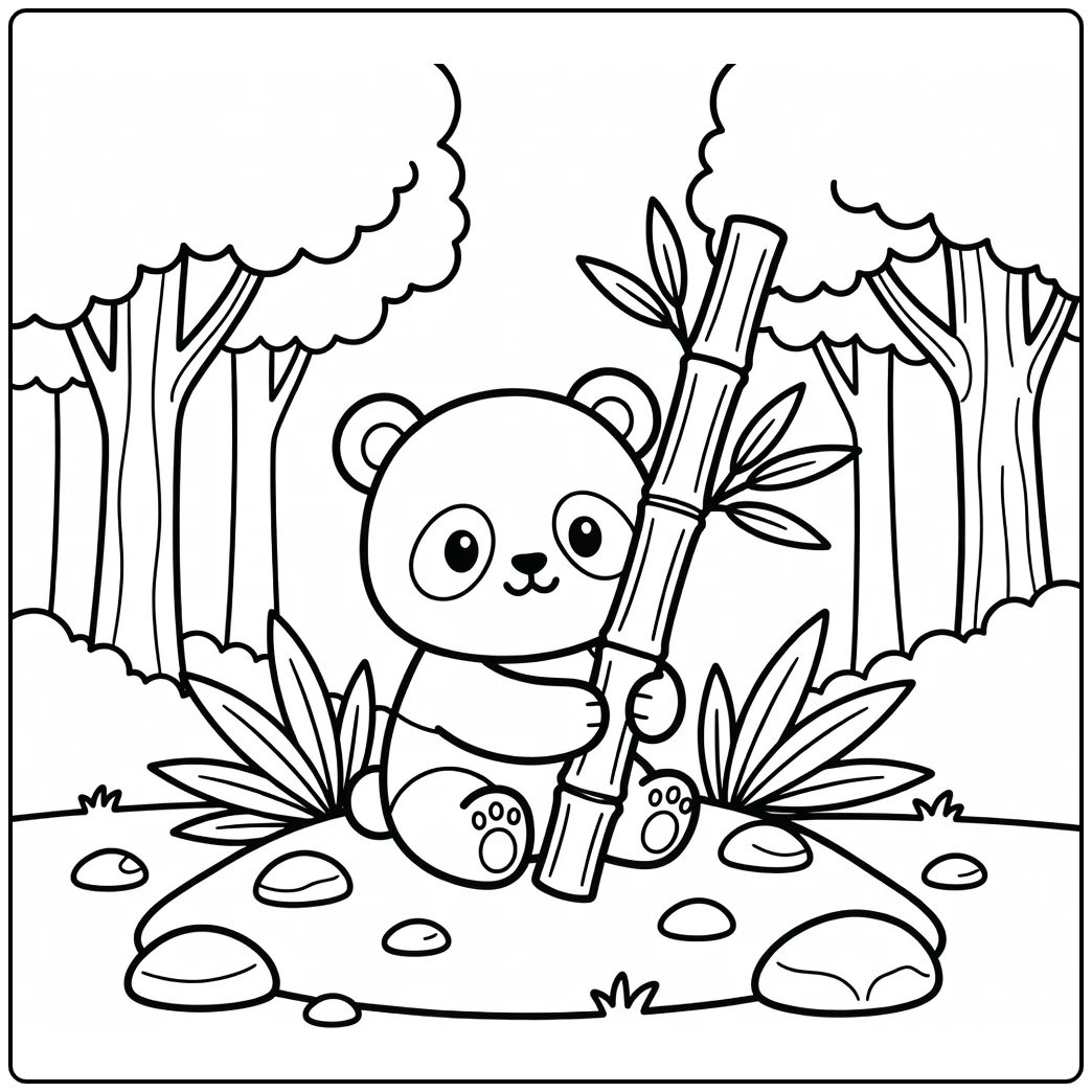 Chibi panda cub hugging bamboo stalk chibi animal coloring page
