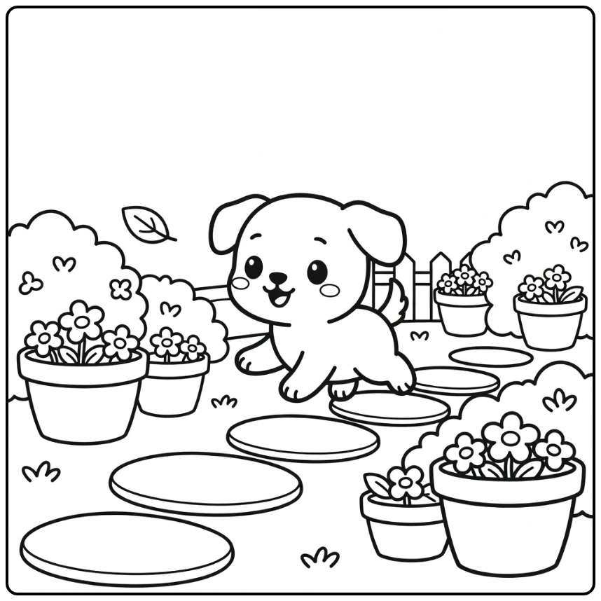 Chibi puppy chasing leaf in garden chibi animal coloring page