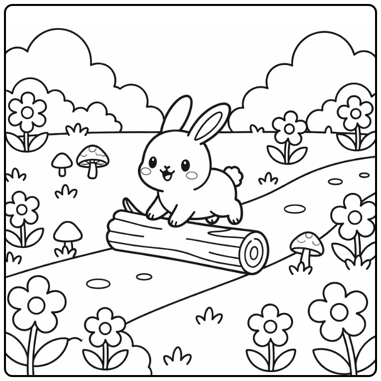 Chibi rabbit hopping over log in meadow chibi animal coloring page