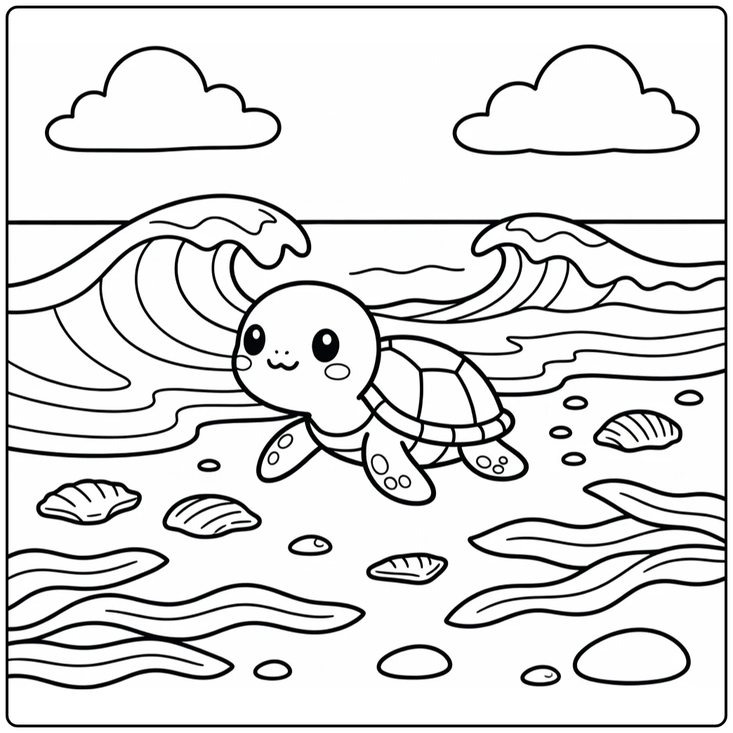 Chibi sea turtle hatchling on beach chibi animal coloring page