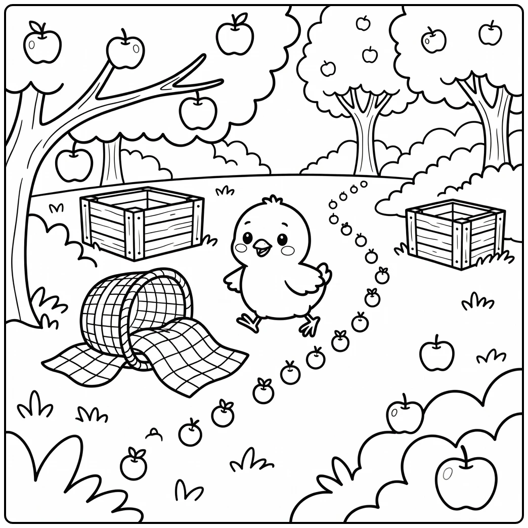 Cute chick coloring page with picnic basket and berry trail