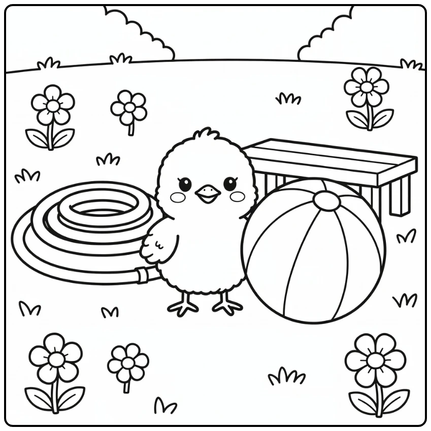 Chick coloring page with striped beach ball and garden elements