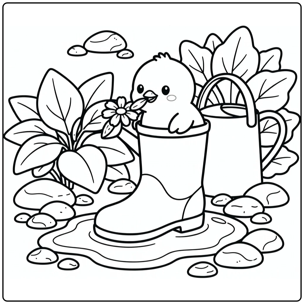 cute chick coloring page showing chick in boot nudging petal