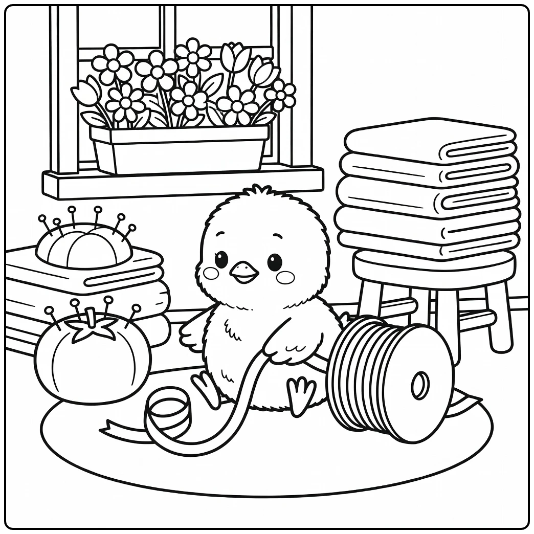 Cute chick coloring page tapping ribbon in cozy nook
