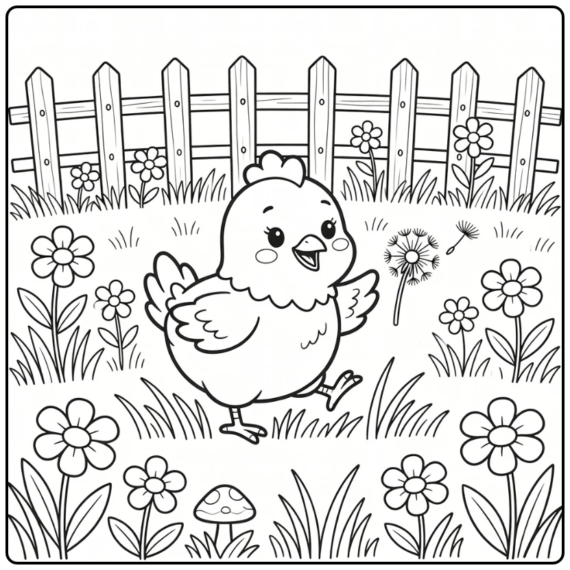 Cute chicken coloring page catching dandelion puff in meadow
