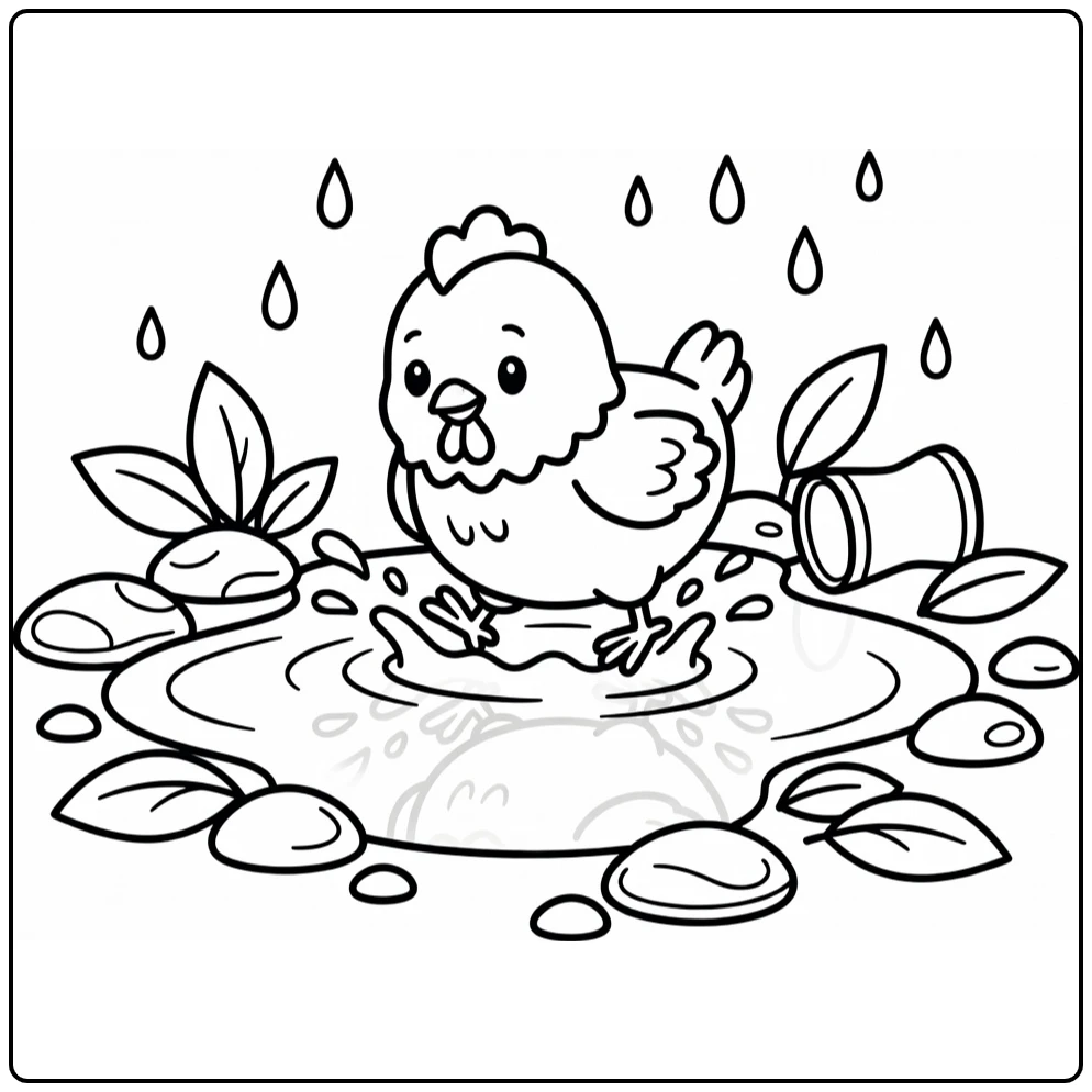 Cute chicken coloring page splashing by puddle