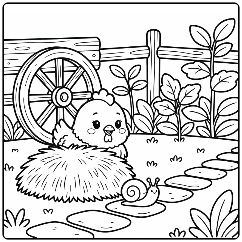 Cute chicken coloring page peeking at snail from haystack