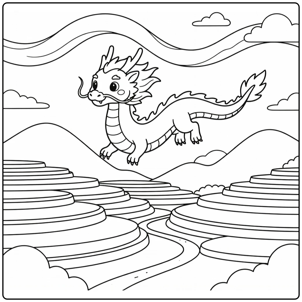 Chinese dragon coloring page soaring over terraced fields