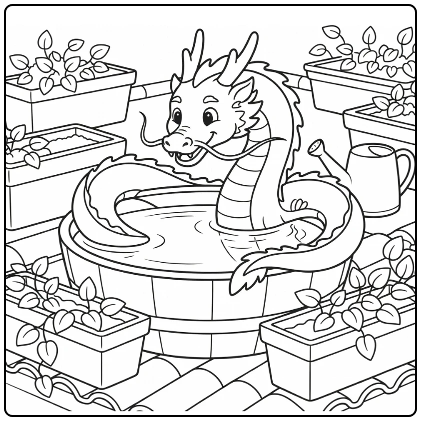 Cute chinese dragon coloring page curling around rooftop rain barrel