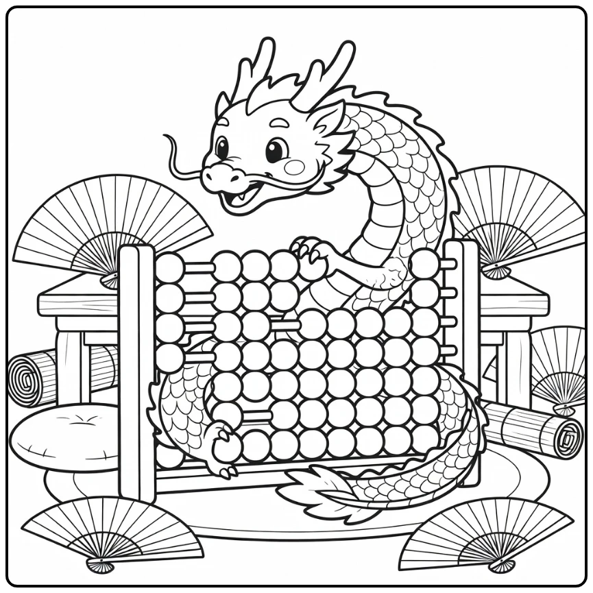 Cute chinese dragon coloring page looping around giant abacus