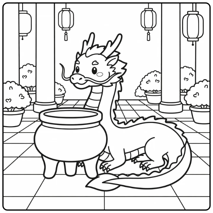 Chinese dragon coloring page resting by incense burner