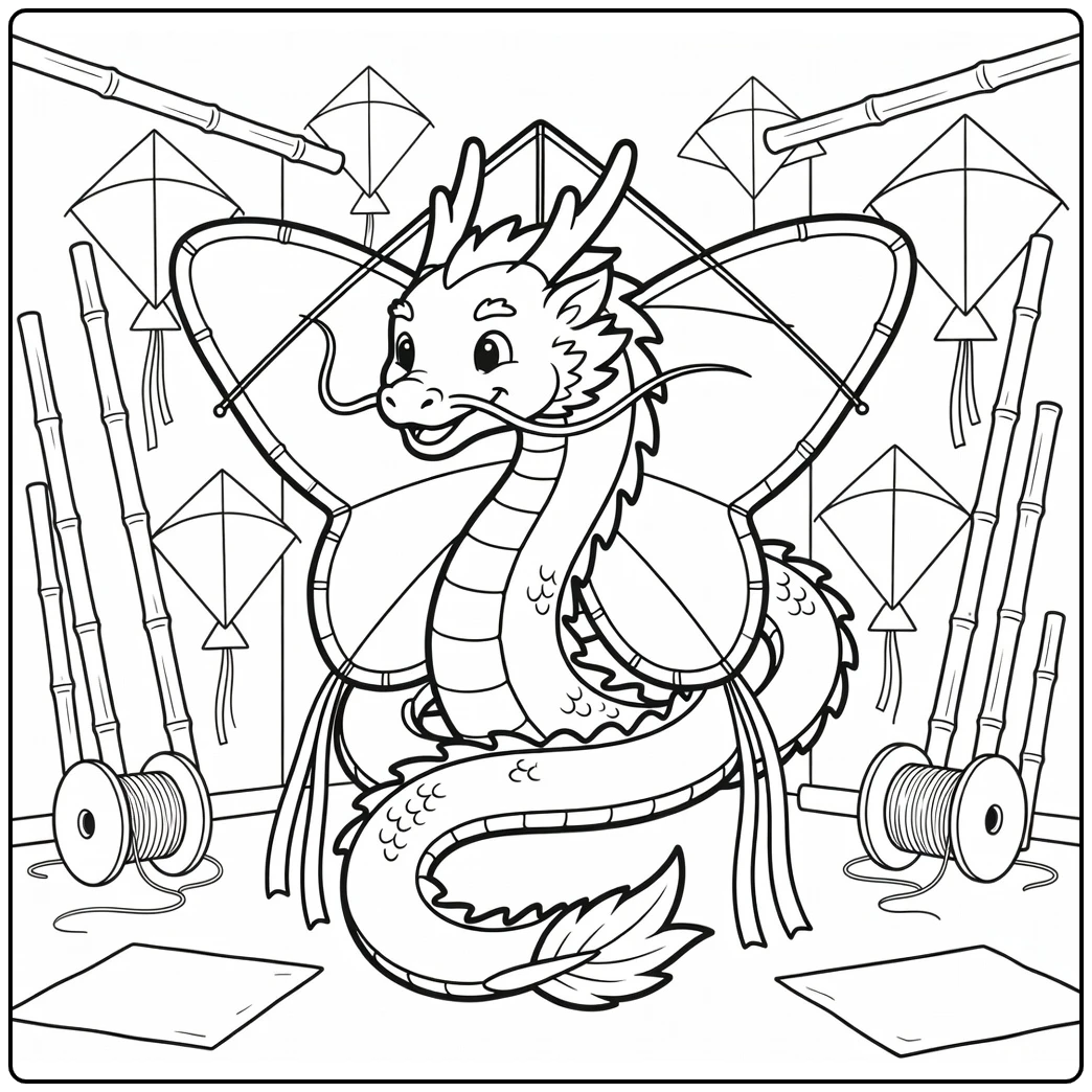 Cute chinese dragon coloring page winds around butterfly kite